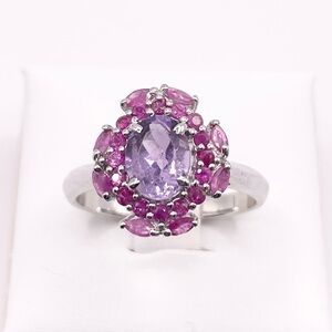 Size 8.5 Amethyst, rubies halo 925 Sterling Silver Ring